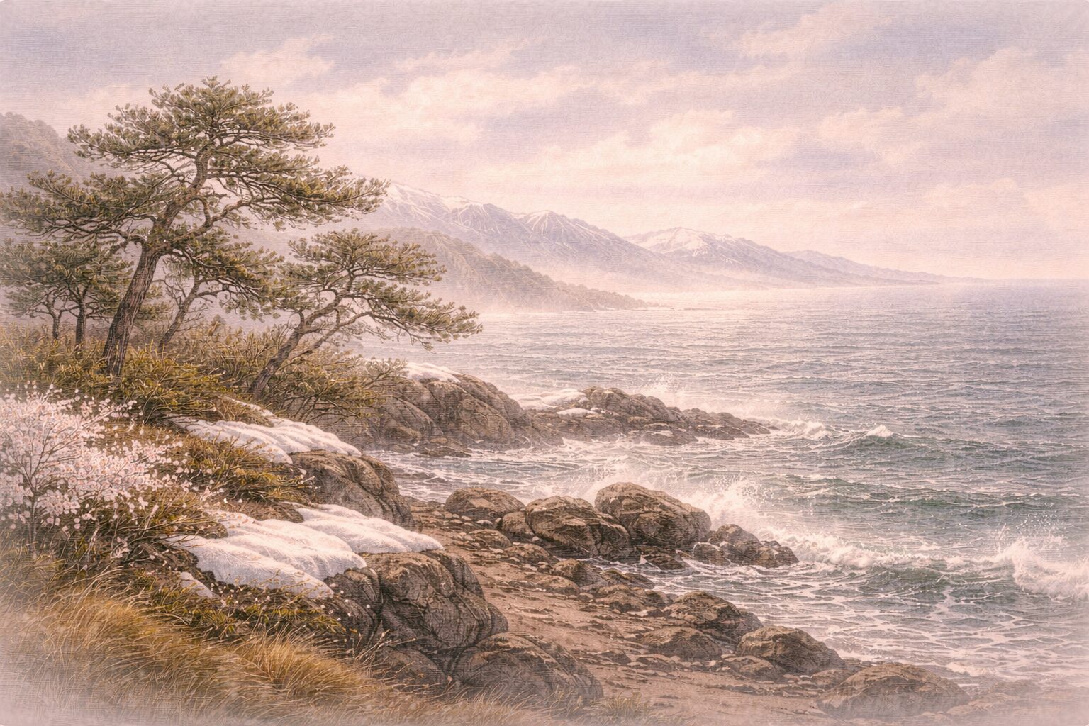 春の霞が静かに立ちのぼる空や、磯山あらしと淡雪の景が、続後拾遺和歌集の端正で整った叙景の美しさを表した情景