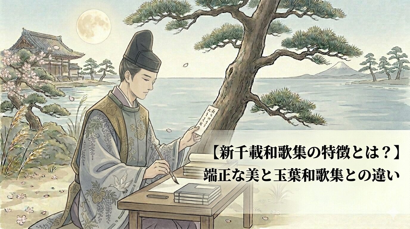 新千載和歌集が、南北朝初期に二条派の整いと安定感を前面に出して編まれた勅撰和歌集であることを表した上質な和風イラスト