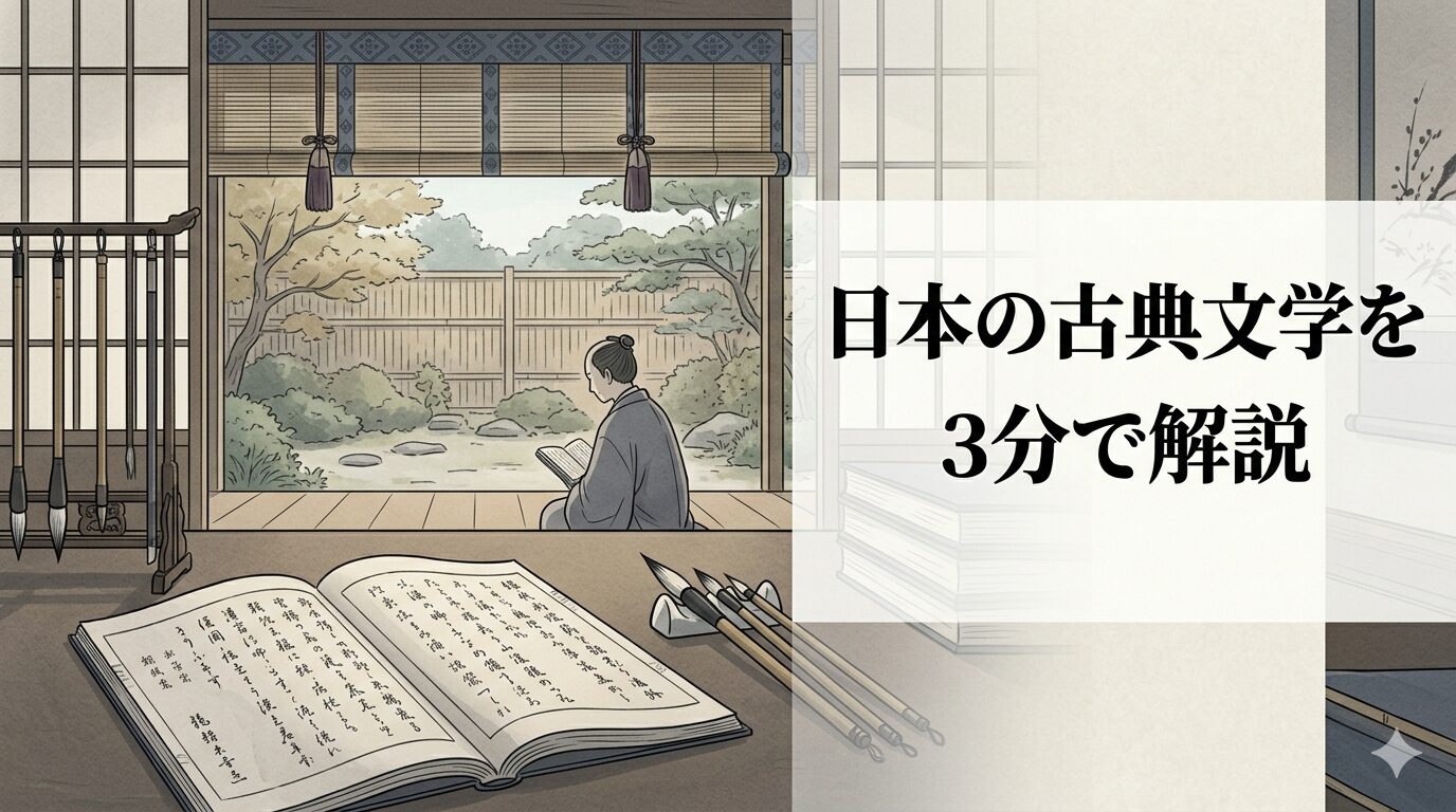 日本の古典文学を3分で解説するサイト全体の入口感と、静かな教養の広がりを表した上質な和風アイキャッチ画像