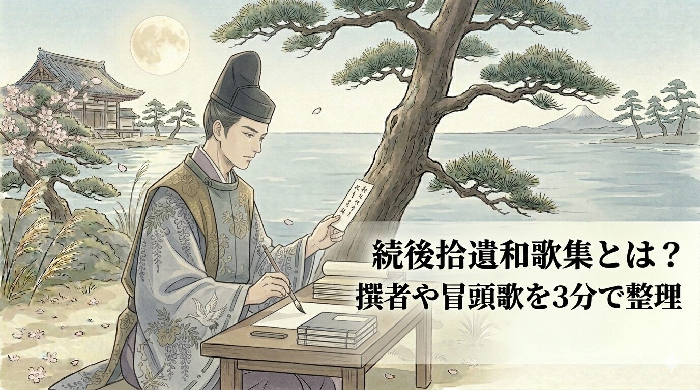 続後拾遺和歌集が、鎌倉時代末期の宮廷で二条派の正統的な歌風を端正にまとめた勅撰和歌集であることを表した上質な和風イラスト