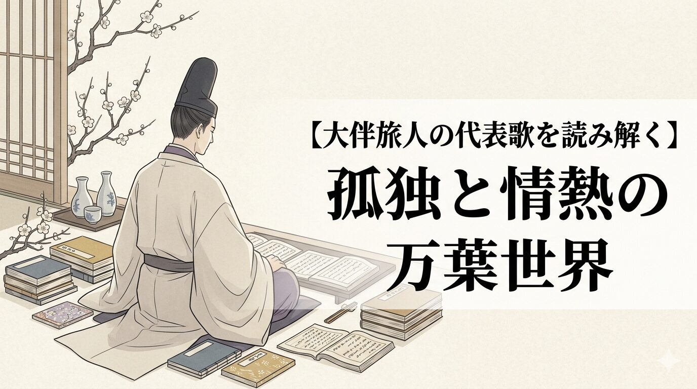 大伴旅人の代表歌に通じる、梅花の宴の華やぎと酒の歌の明るさの奥に孤独と人の情がにじむ万葉歌人のイメージ。