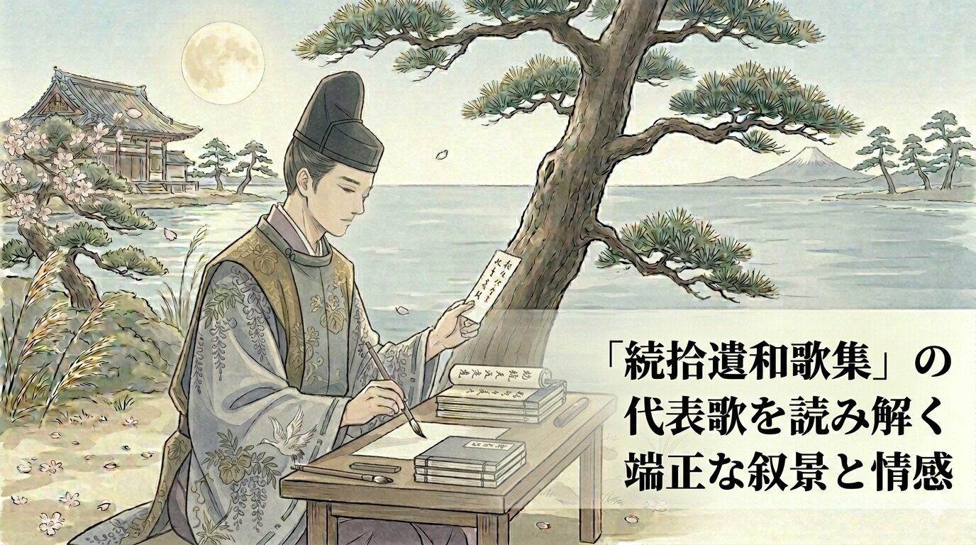 続拾遺和歌集の端正な叙景と静かな情感、二条派の正統的な歌風を上品な和風イラストで表したアイキャッチ画像
