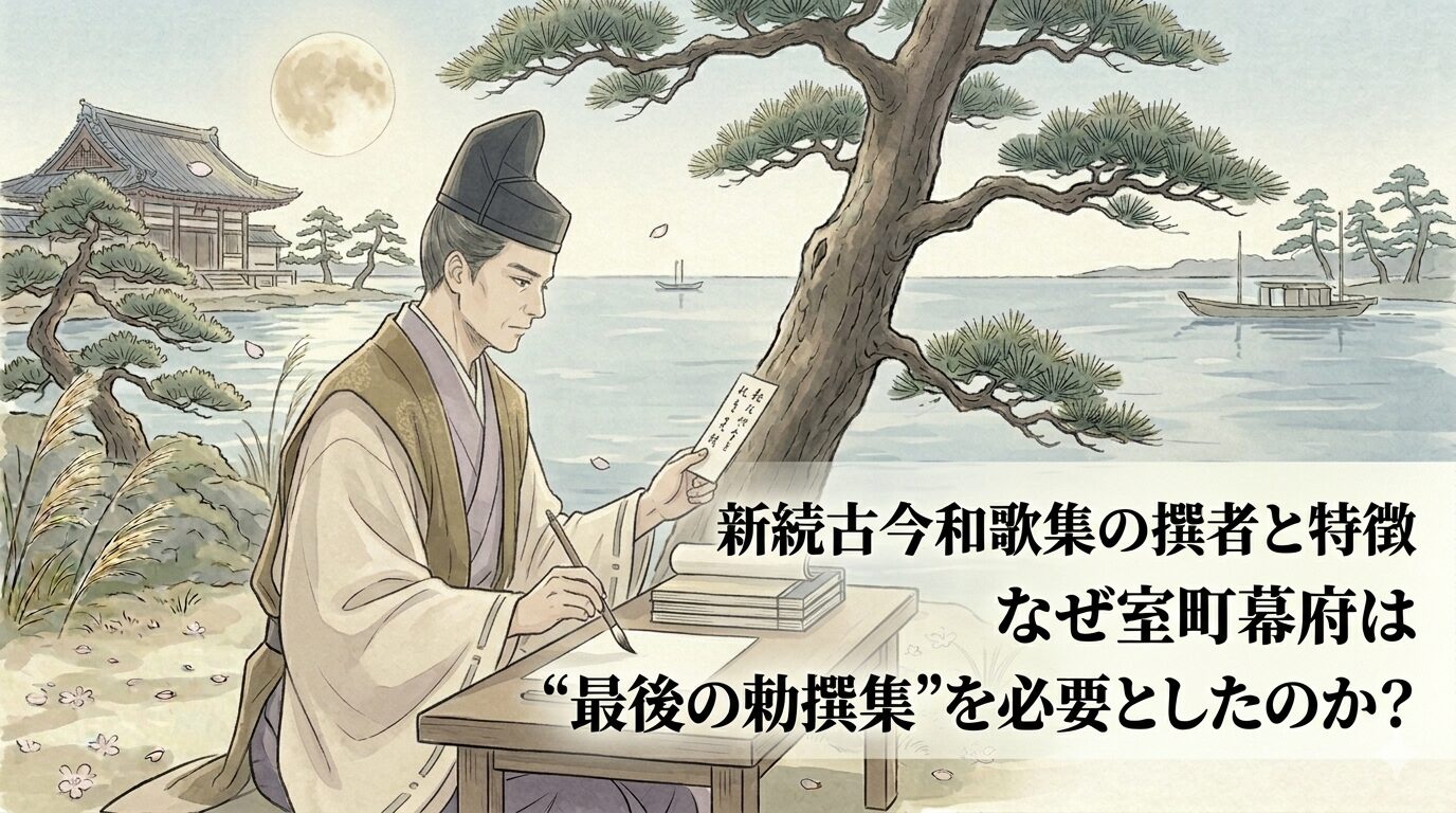 新続古今和歌集が、室町前期の宮廷と武家の時代に、和歌の流れを最後に編み直してつなぎ直そうとした勅撰和歌集であることを表した上質な和風イラスト
