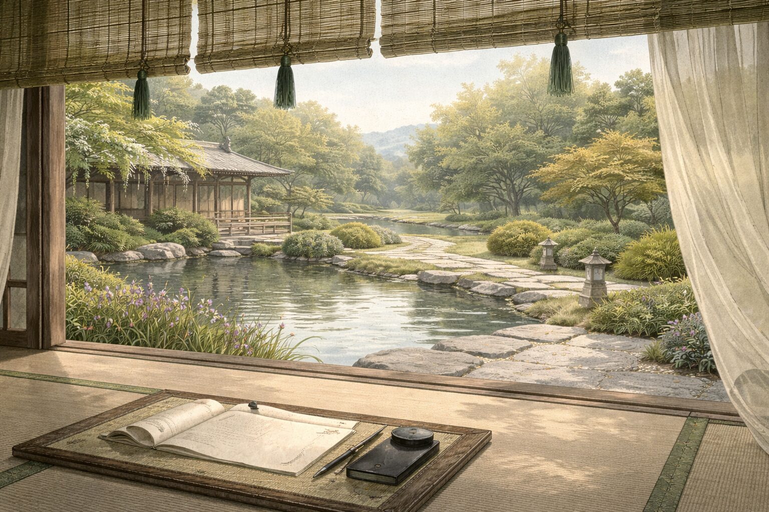伝統ある勅撰集の秩序を立て直そうとする新後拾遺和歌集の全体像を、整った庭と静かな宮廷空間で表した情景