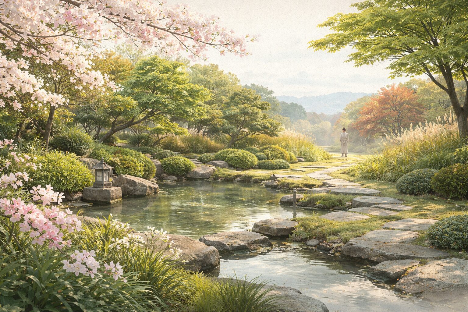 四季と恋を中心に秩序だった構成をもつ続拾遺和歌集の全体像を、整えられた庭と静かな季節感で表した情景