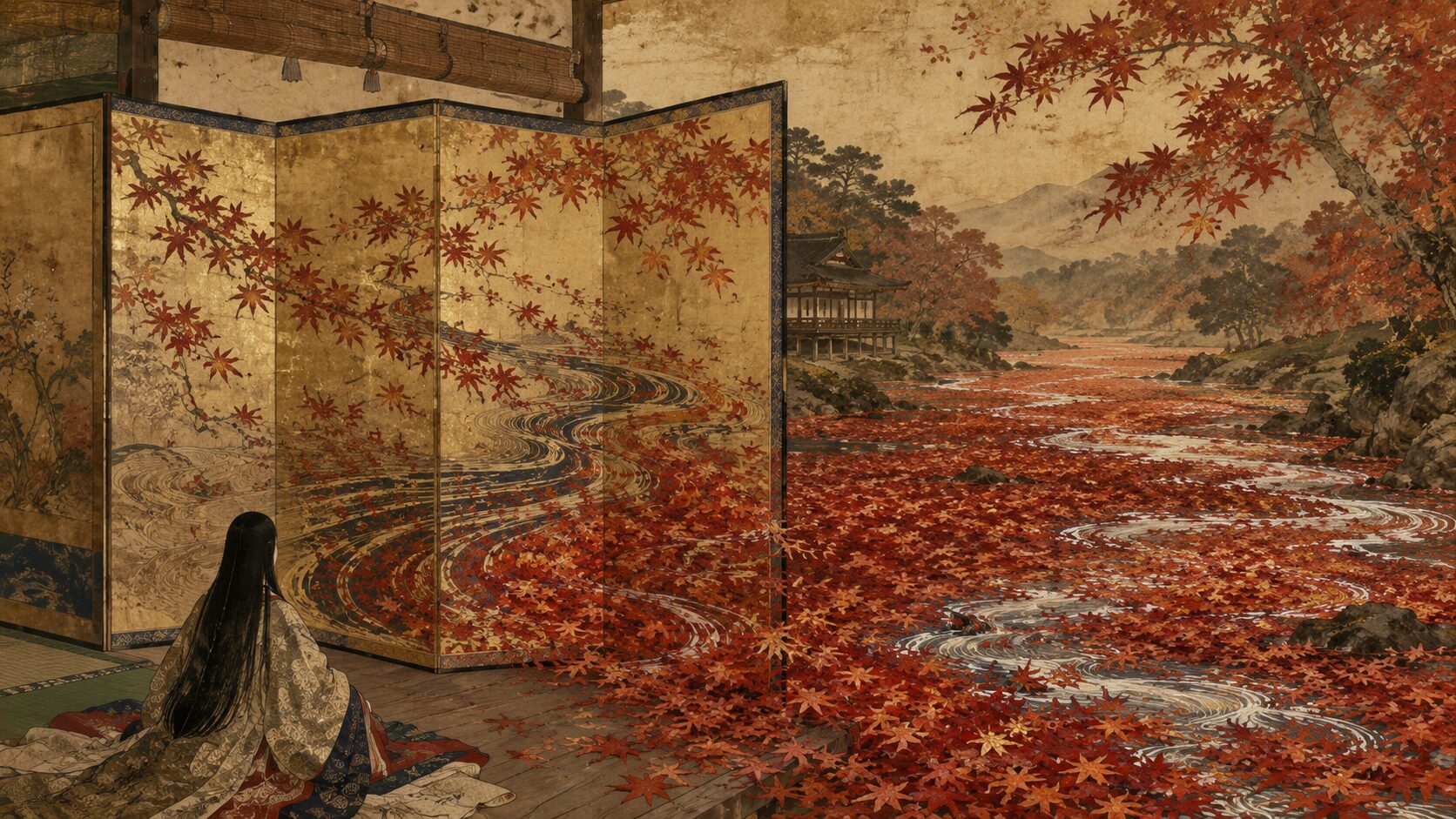 屏風絵の紅葉が竜田川を紅に染める百人一首17番の和風イラスト