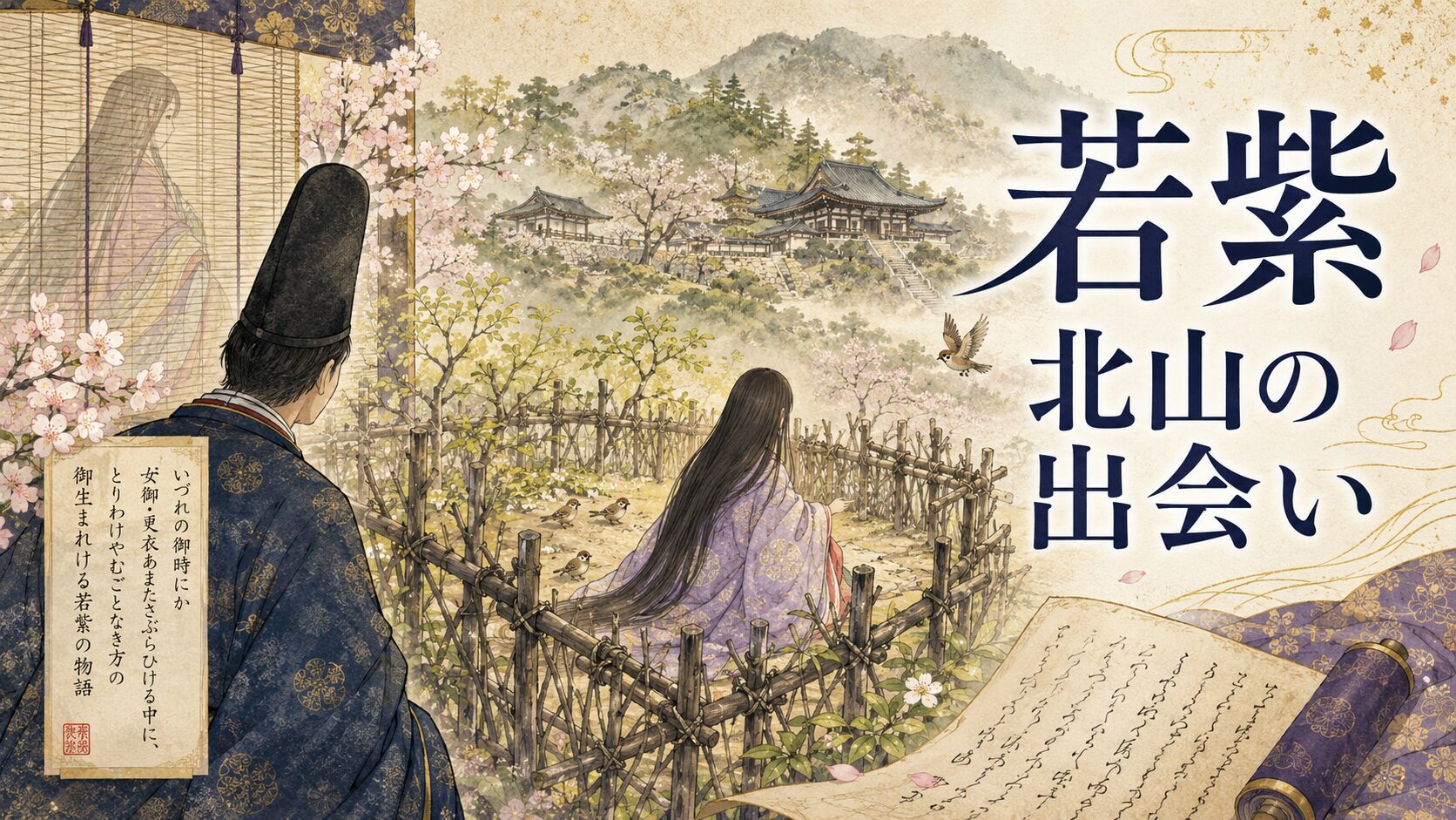 『源氏物語』若紫の北山の垣間見を表した和風イラスト