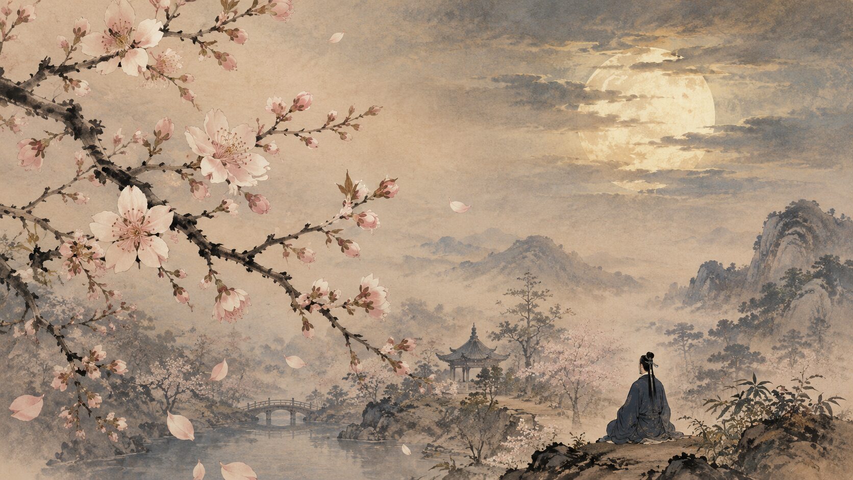『徒然草』の『花は盛りに』にある満開だけを美としない感覚を描いた和風イラスト