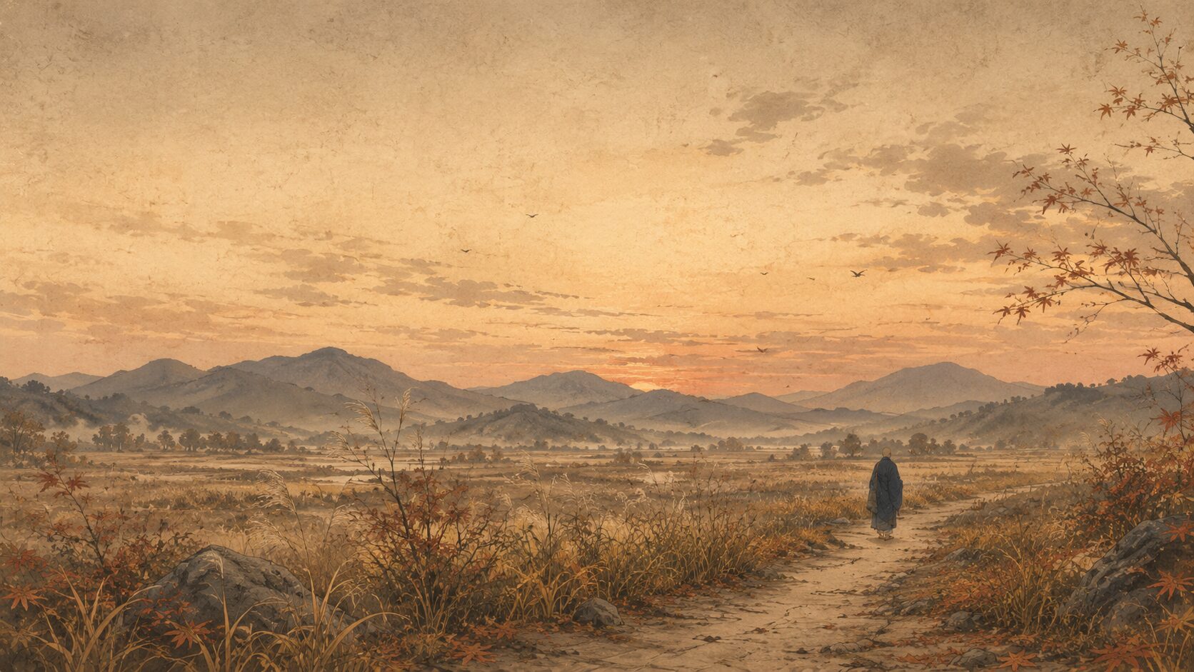 どこを見ても同じ秋の夕暮れが広がる百人一首70番の情景イラスト