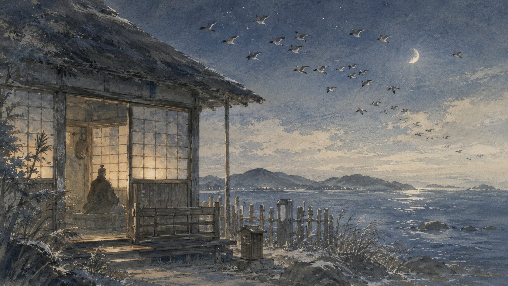 千鳥の声に目覚める須磨の関守と淡路島を描いた冬の和風イラスト