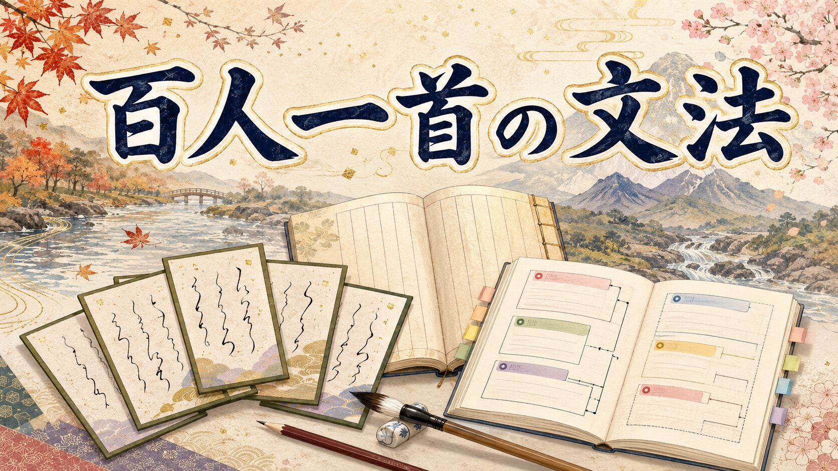百人一首の文法を和歌札とノートで学ぶ和風イラスト