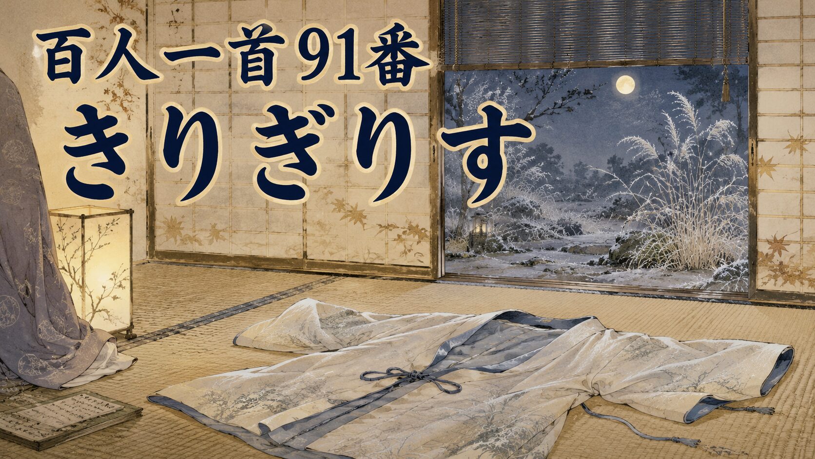 百人一首91番「きりぎりす」と霜夜にひとり寝る寂しさを描いた和風イラスト