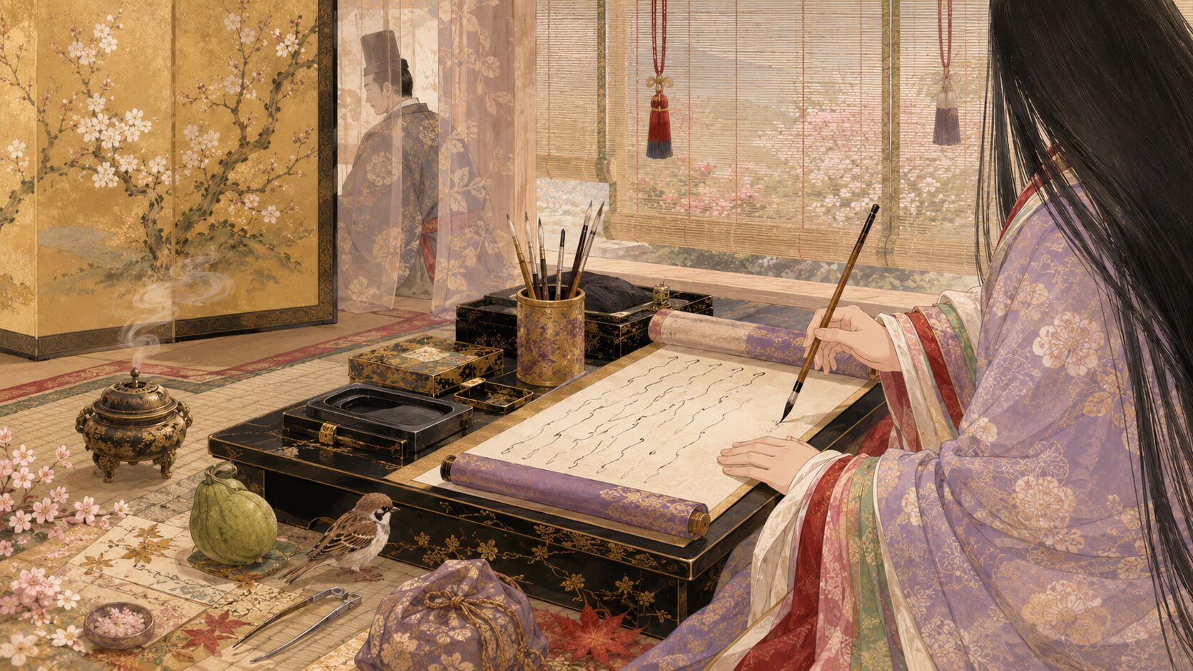 平安時代の宮廷で『枕草子』のものづくしを書き留める人物の和風イラスト