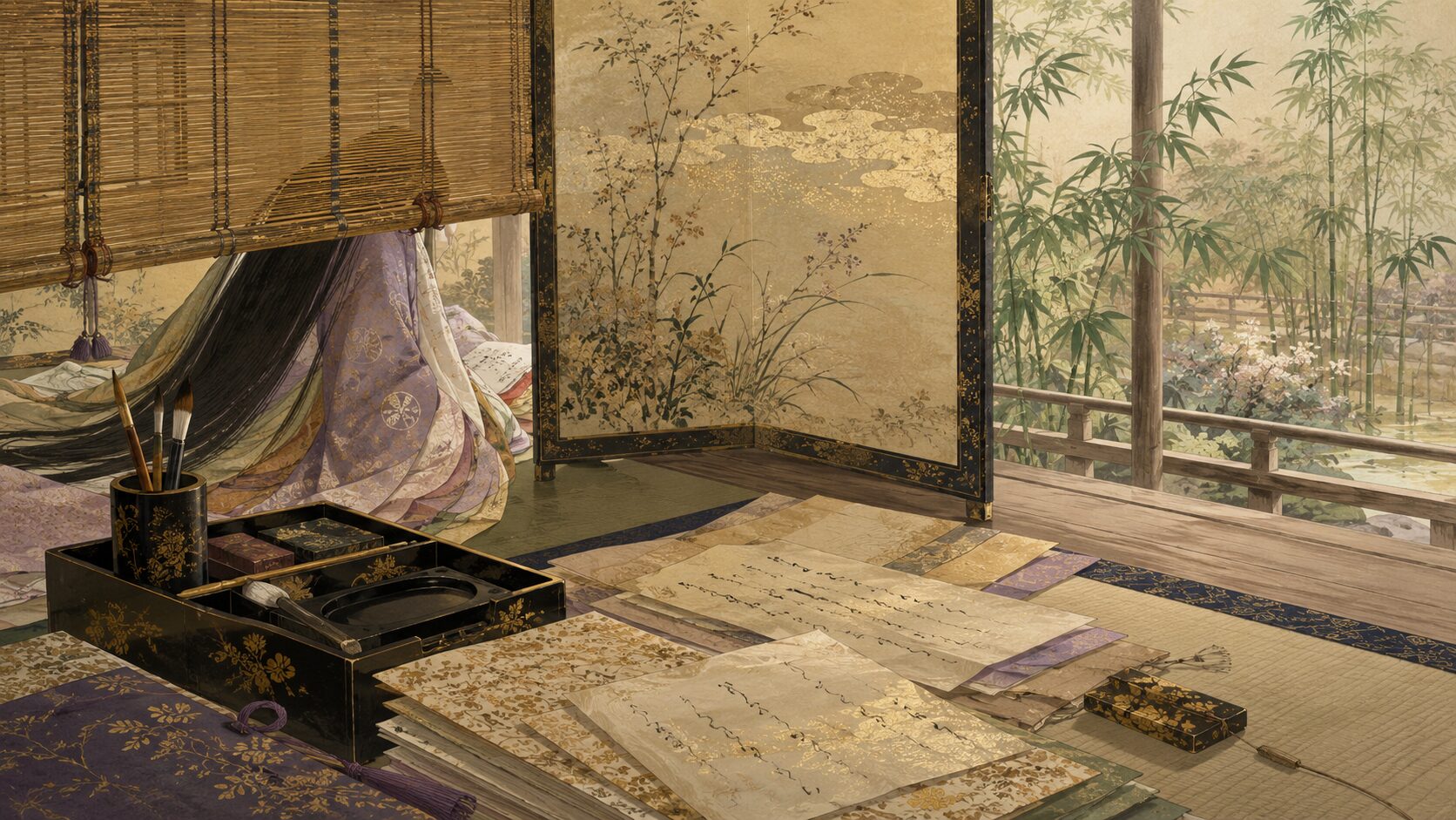 大弐三位と平安中期の女流文学の世界を料紙と御簾で表した和風イラスト
