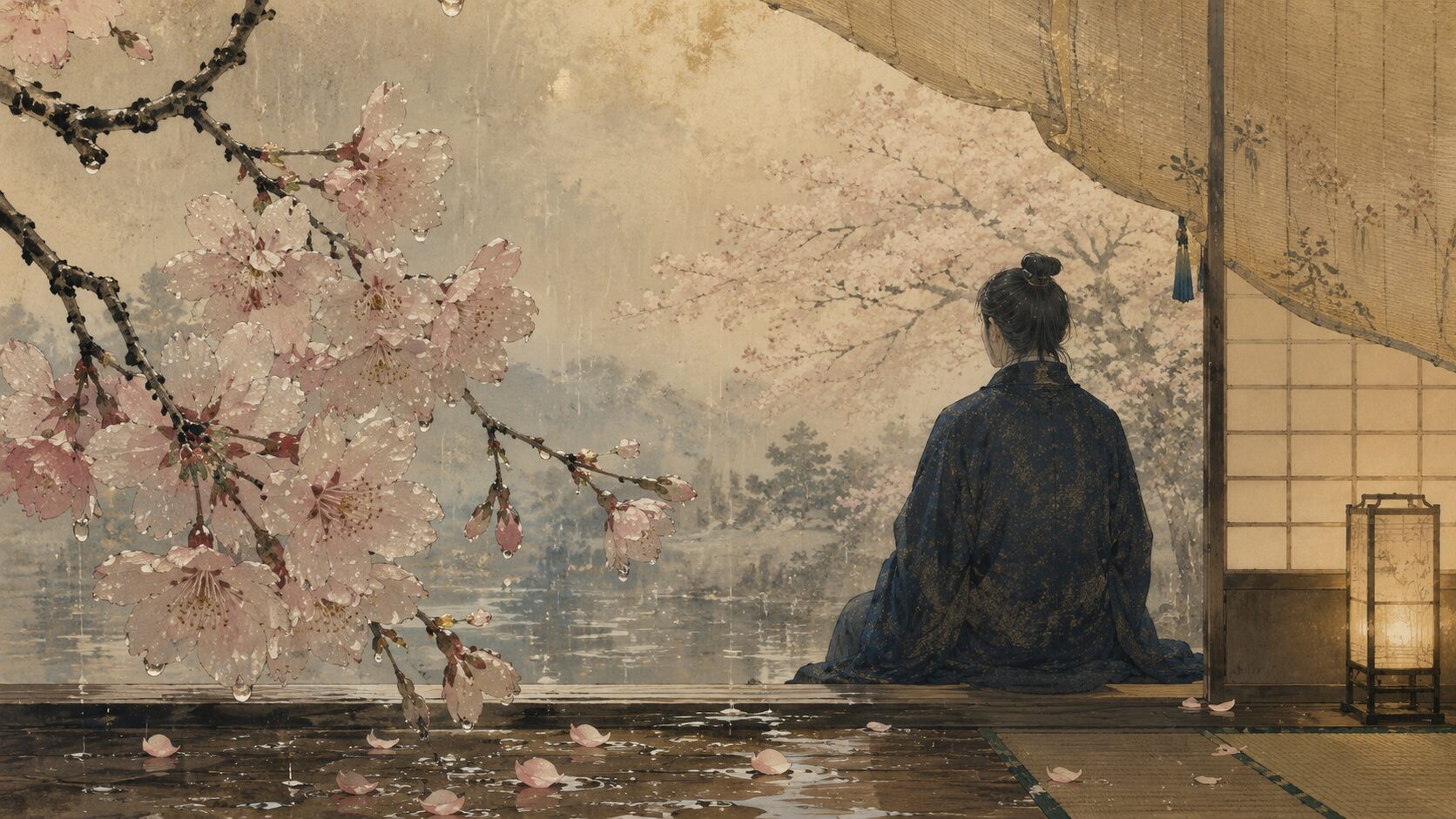 雨に色あせる桜を眺めながら時間の移ろいを感じる和風イラスト