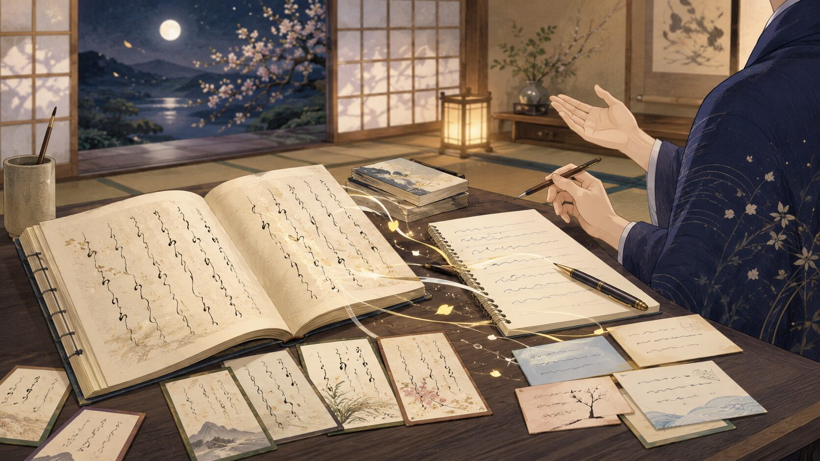 百人一首の意味を英語でやさしく説明する和風イラスト