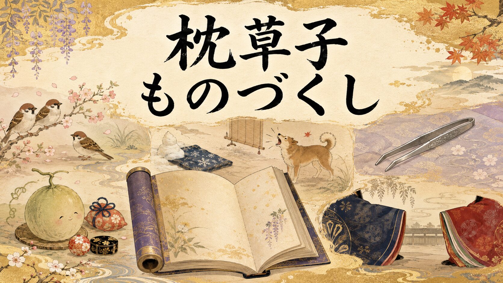 『枕草子』のものづくしを巻物と四つの象徴で表した和風イラスト