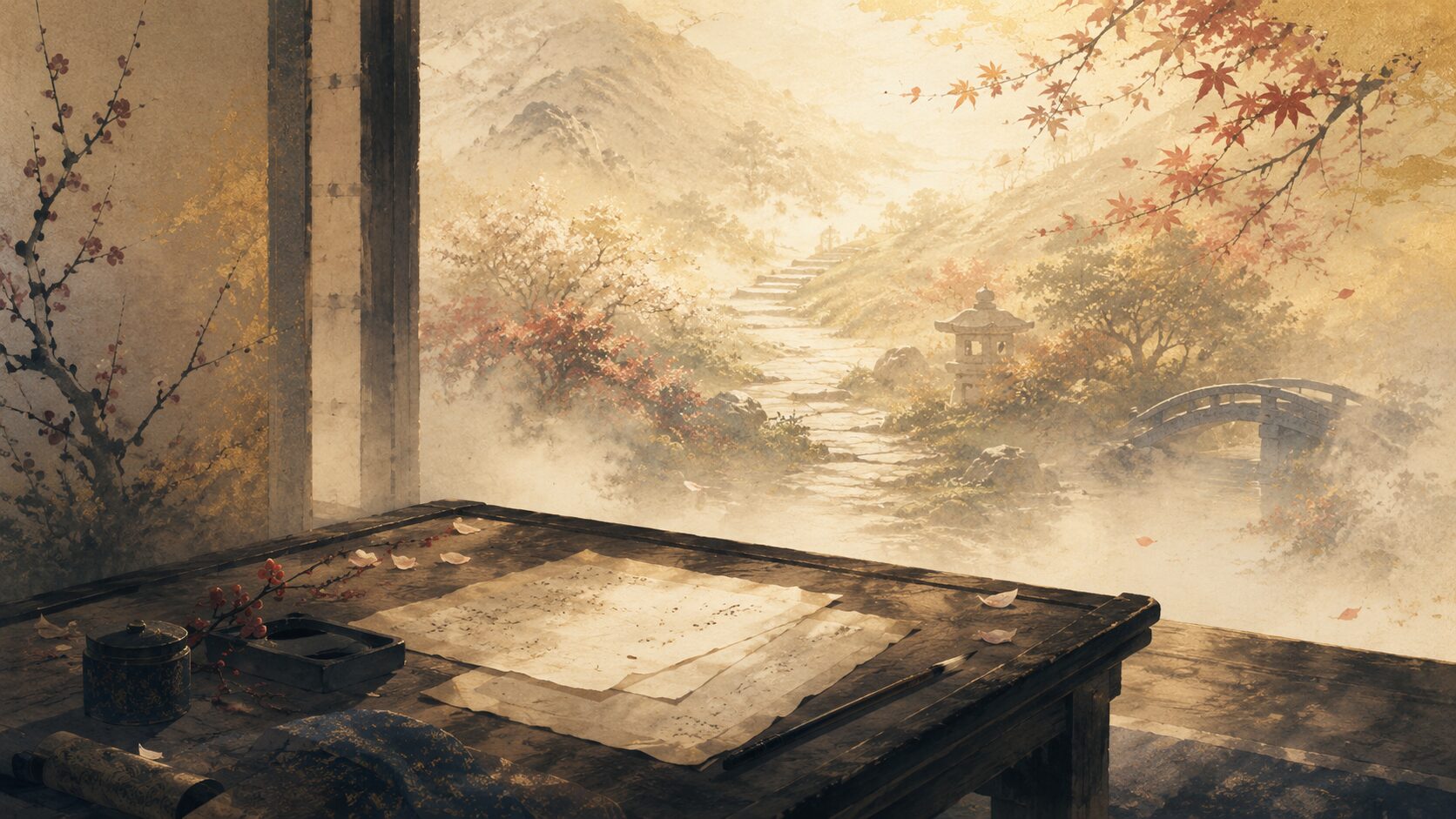 つらい今も未来には懐かしくなる百人一首84番の時間感覚を表した和風イラスト