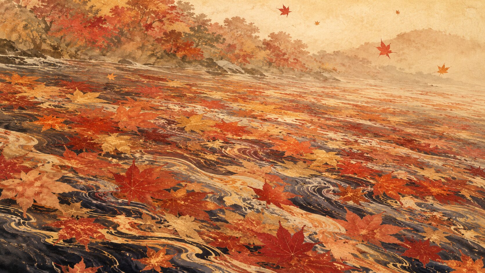 竜田川の水面を錦のように彩る紅葉を描いた和風イラスト