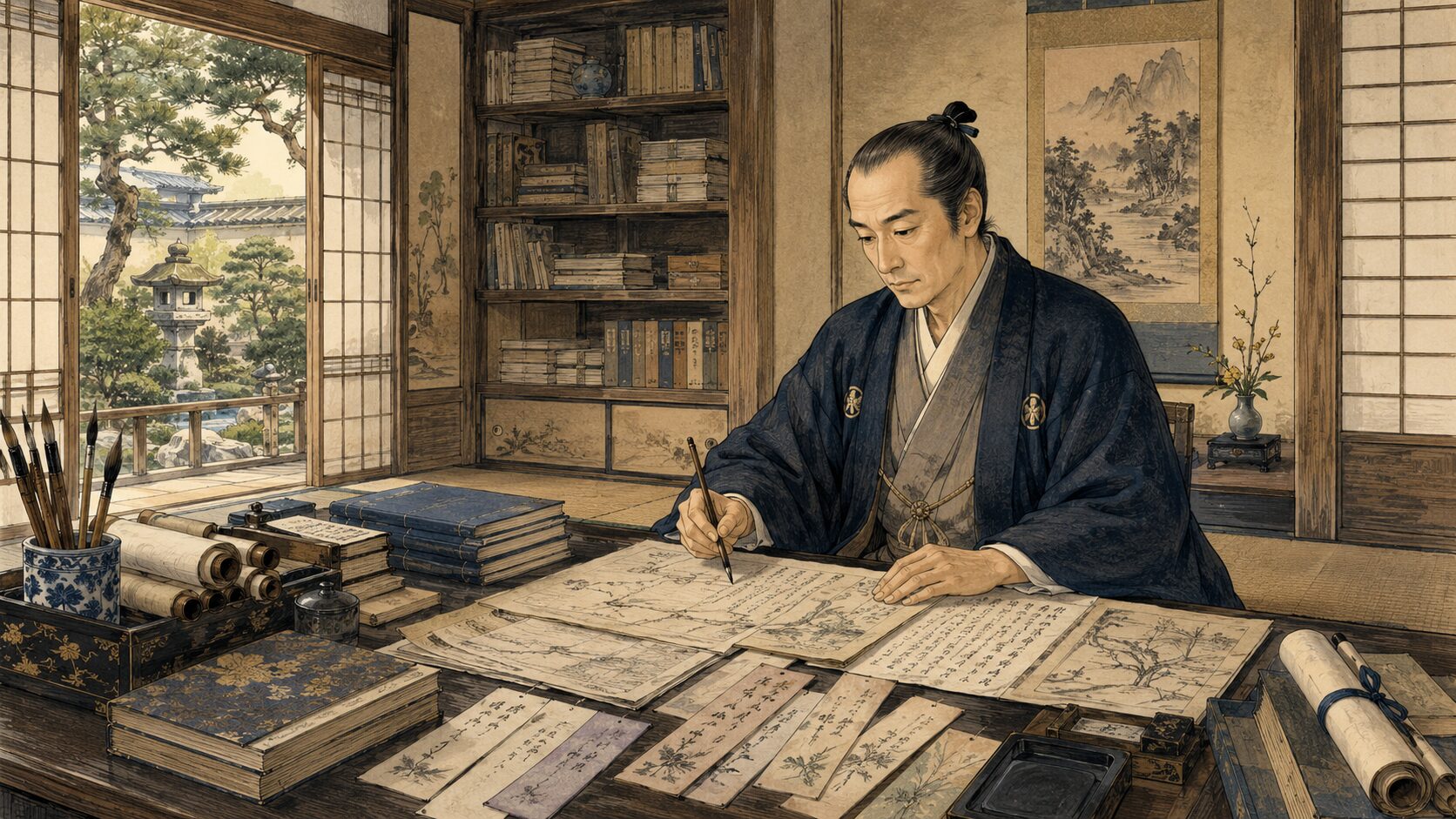 政治家であり文人でもあった松平定信をイメージした江戸後期の書斎風景