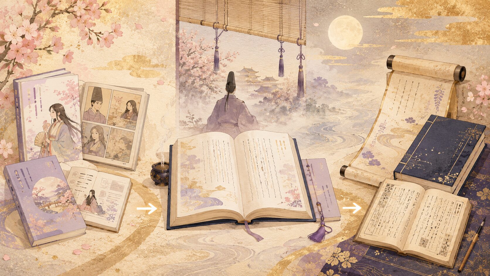 漫画から現代語訳、原文へ進む『源氏物語』の読み方を表した和風イラスト