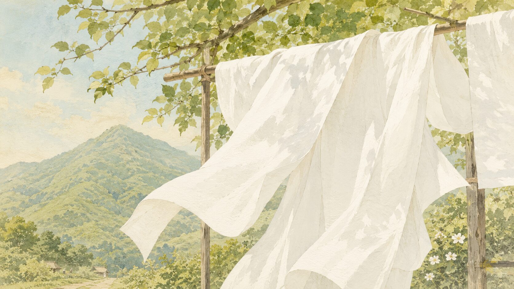 天の香具山に干された白い衣から初夏の訪れを感じる和風イラスト