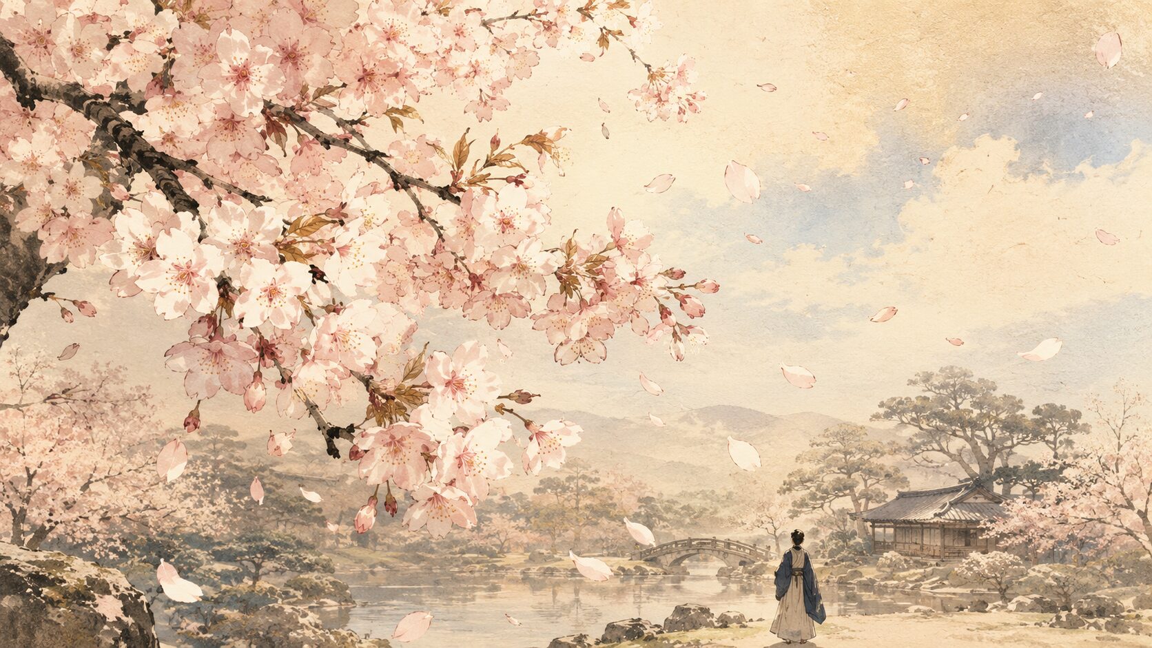 のどかな春の日ざしの中で桜だけが落ち着きなく散る百人一首33番の和風イラスト