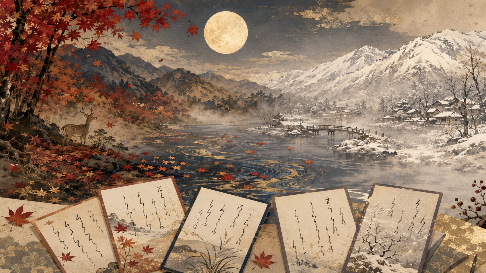 百人一首の秋の月や紅葉と冬の雪や霜を描いた和風イラスト