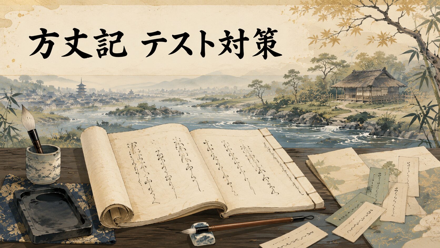 『方丈記』のテスト対策を和綴じ本と川の流れで表した和風イラスト