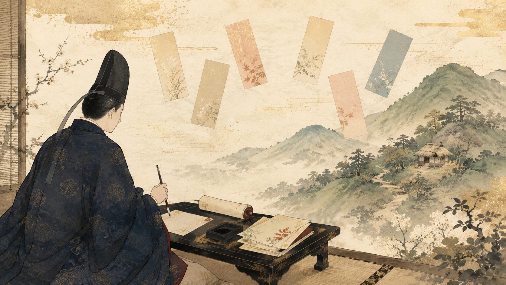 喜撰法師が宇治山の庵で和歌を詠む百人一首8番の背景を描いた和風イラスト