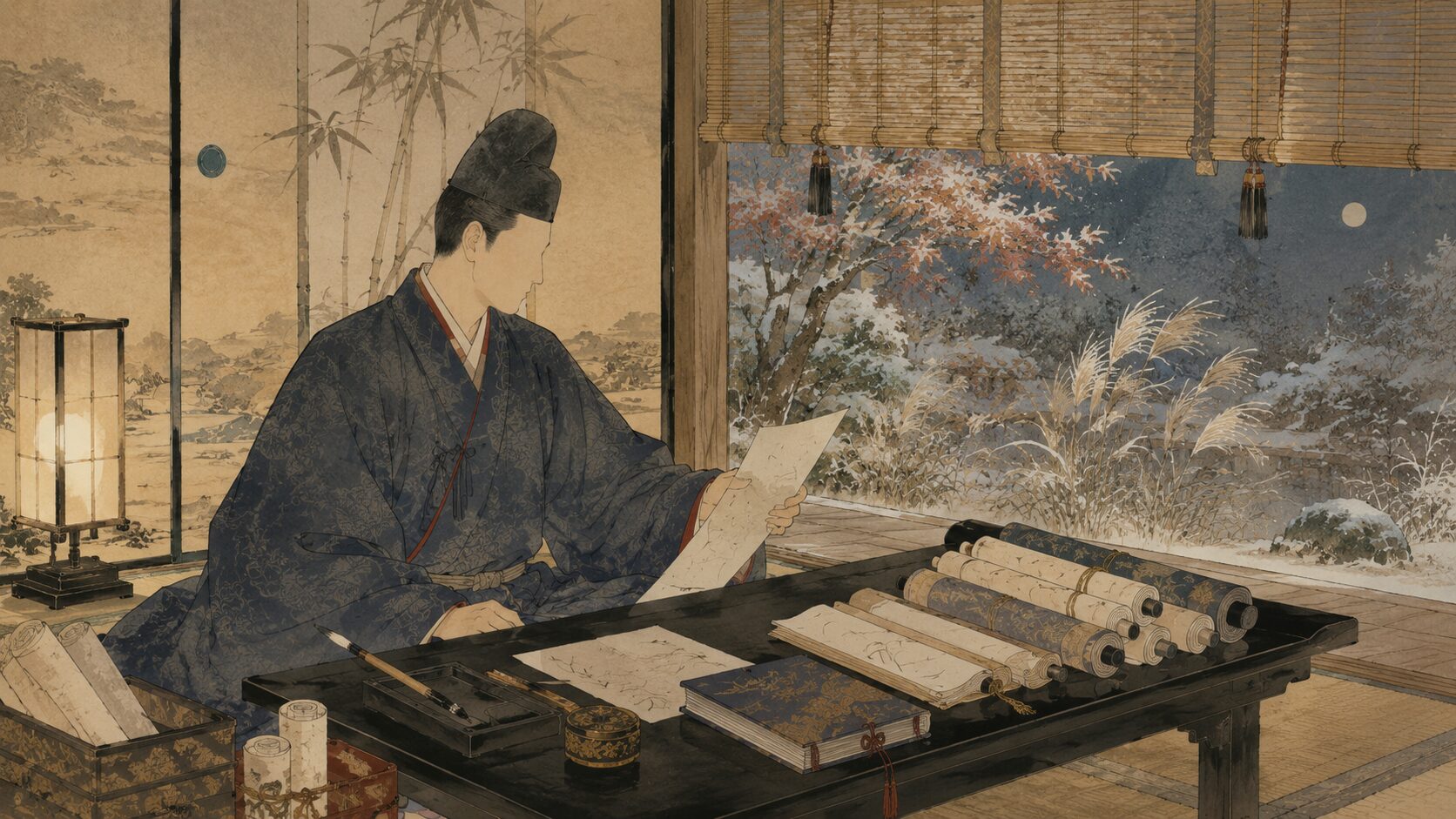 九条良経が霜夜の孤独を和歌に託す新古今時代の公卿歌人イラスト