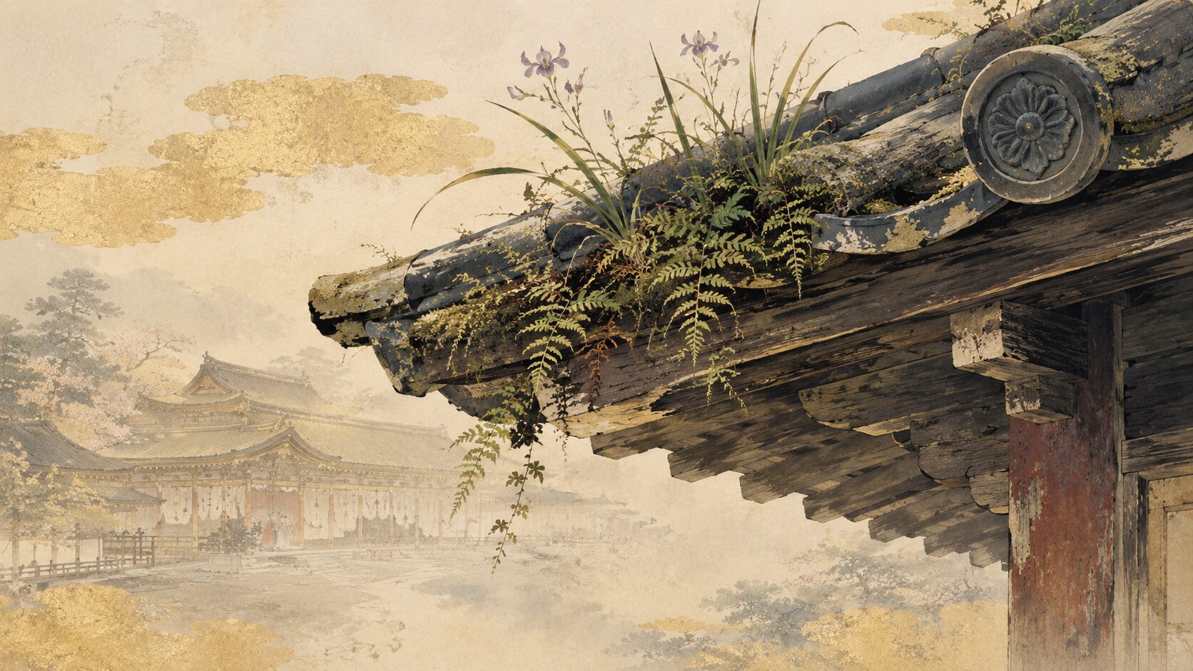 古き軒端の忍ぶ草から昔をしのぶ百人一首100番の和風イラスト