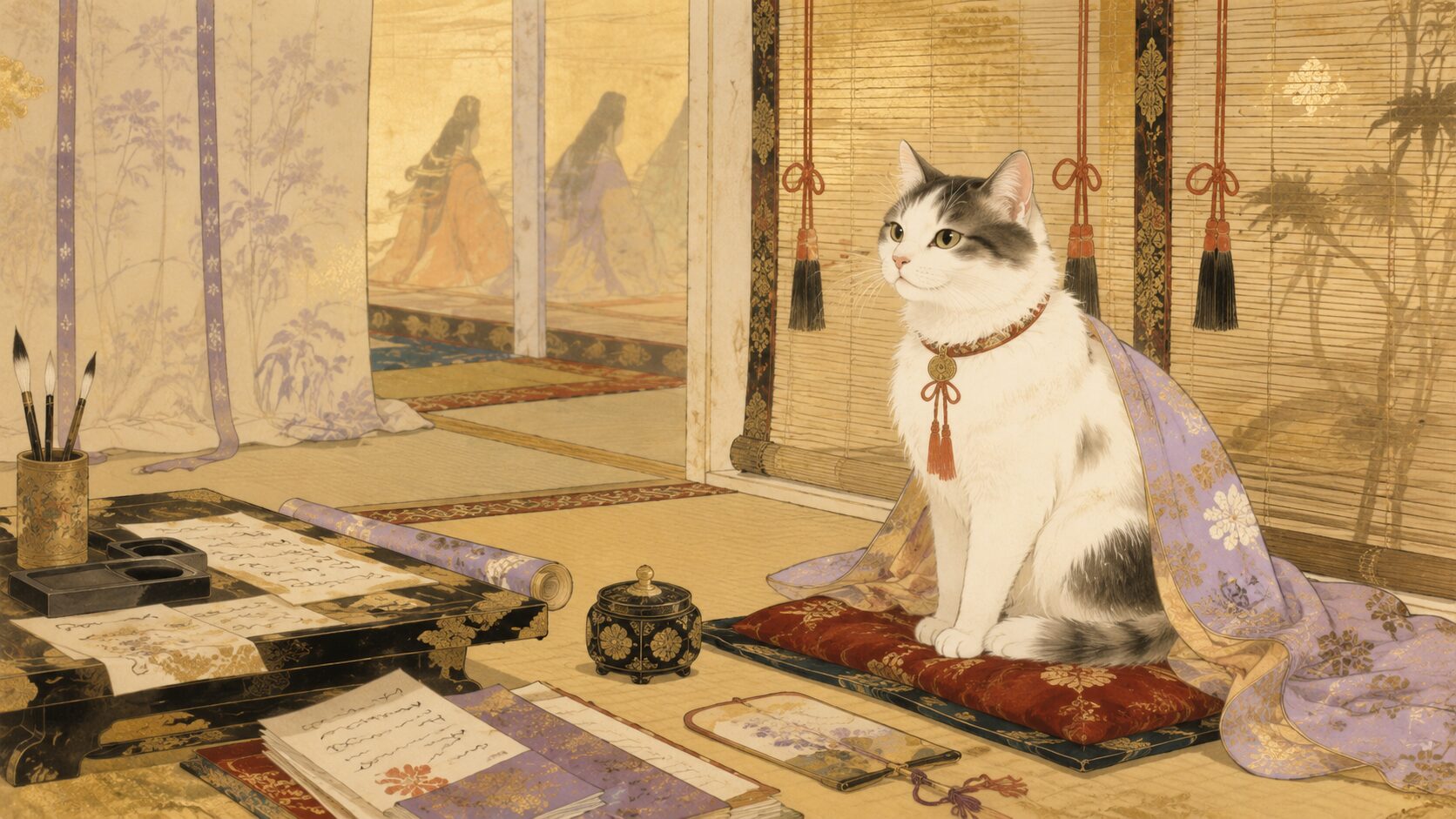 宮中で大切にされる御猫の命婦のおとどを表した和風イラスト