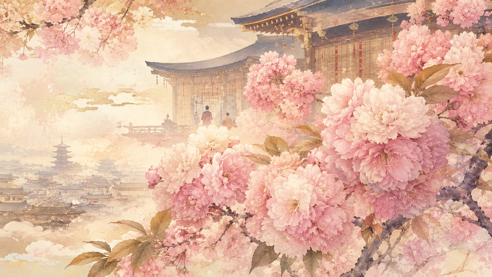 奈良の都と九重をつなぐ八重桜の華やかな咲きぶりを描いた百人一首61番の和風イラスト
