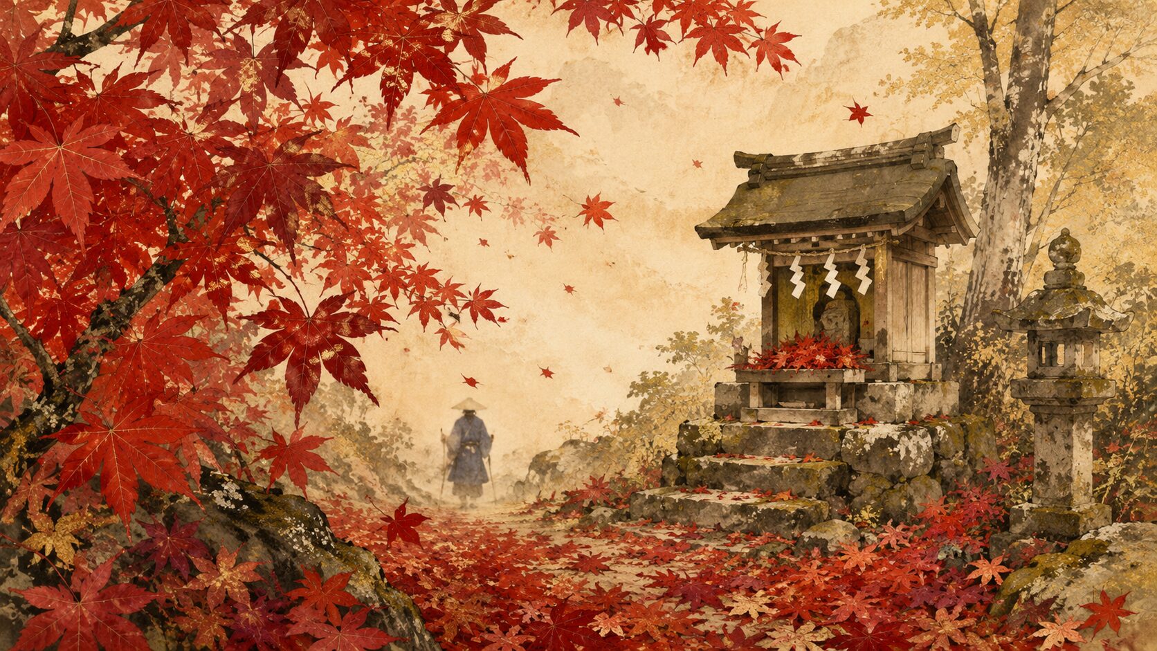 幣の代わりに紅葉を神への捧げ物に見立てた百人一首24番の和風イラスト