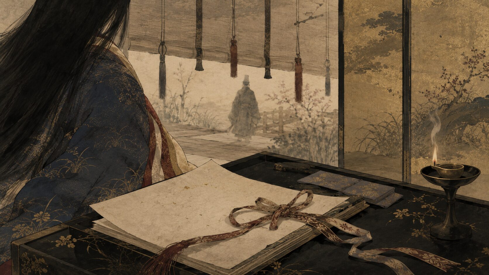 破られた誓いと相手の命を案じる複雑な恋心を描いた百人一首38番の和風イラスト