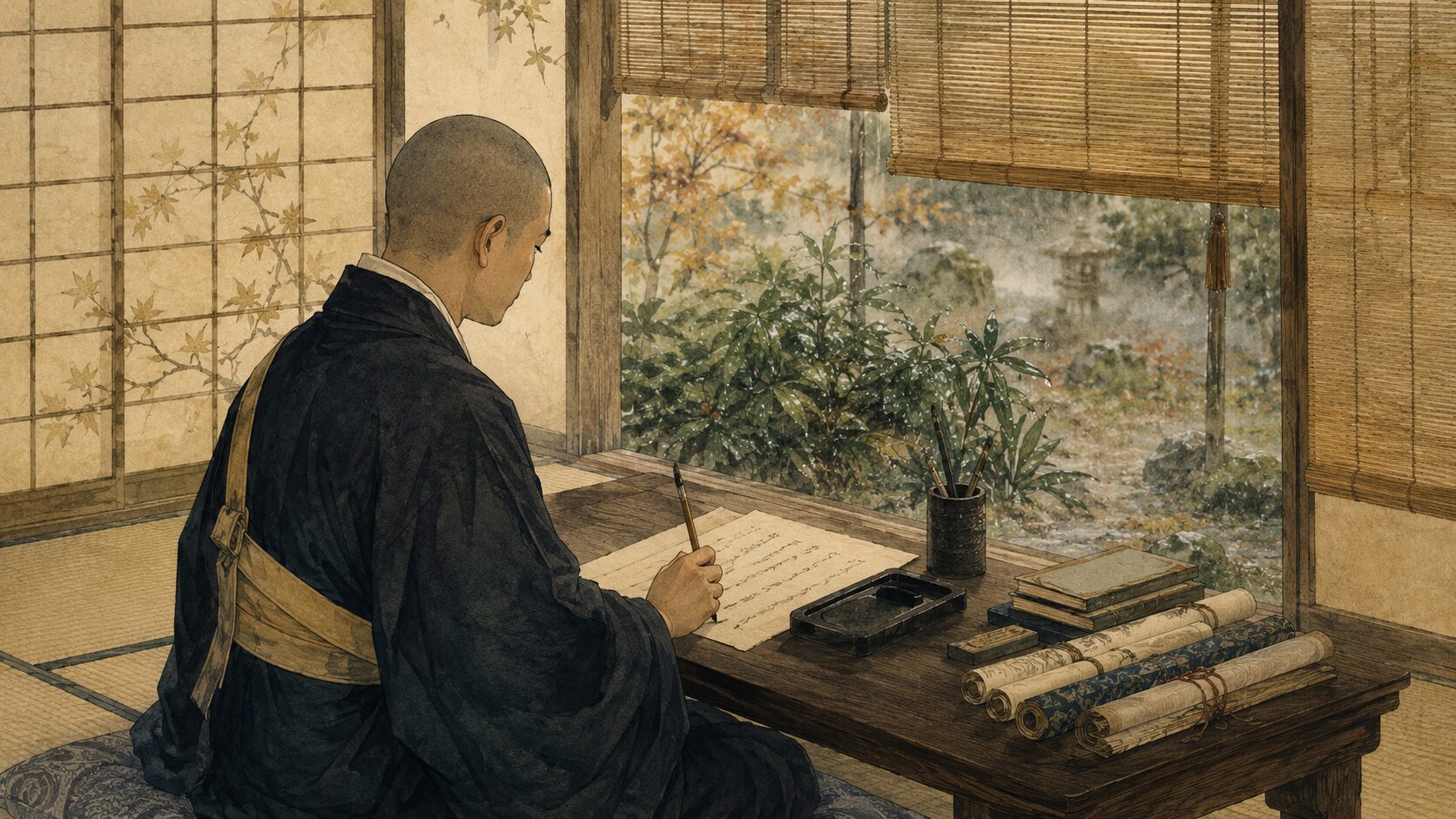 寂蓮法師が雨上がりの秋景色を和歌に託す古典文学風イラスト