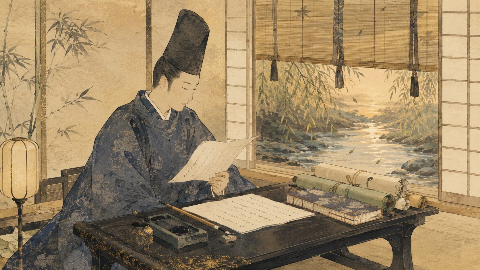 藤原家隆がならの小川の涼しさを和歌に託す新古今時代の歌人イラスト