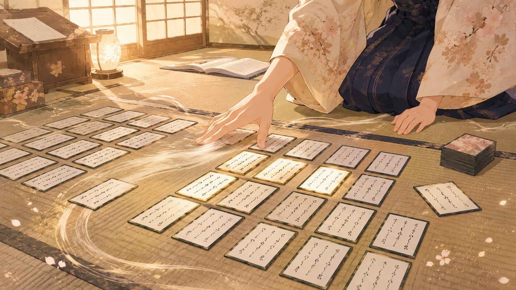 定位置や札流しを練習して競技かるたの得意札を増やす和風イラスト