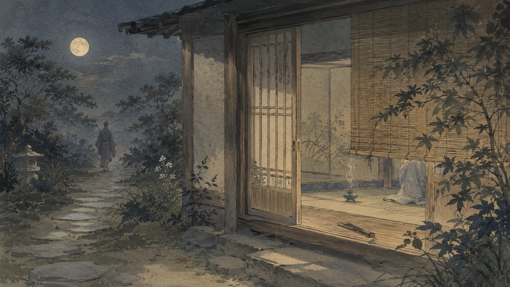 『徒然草』の『九月二十日のころ』にある月夜の訪問と余韻を描いた和風イラスト