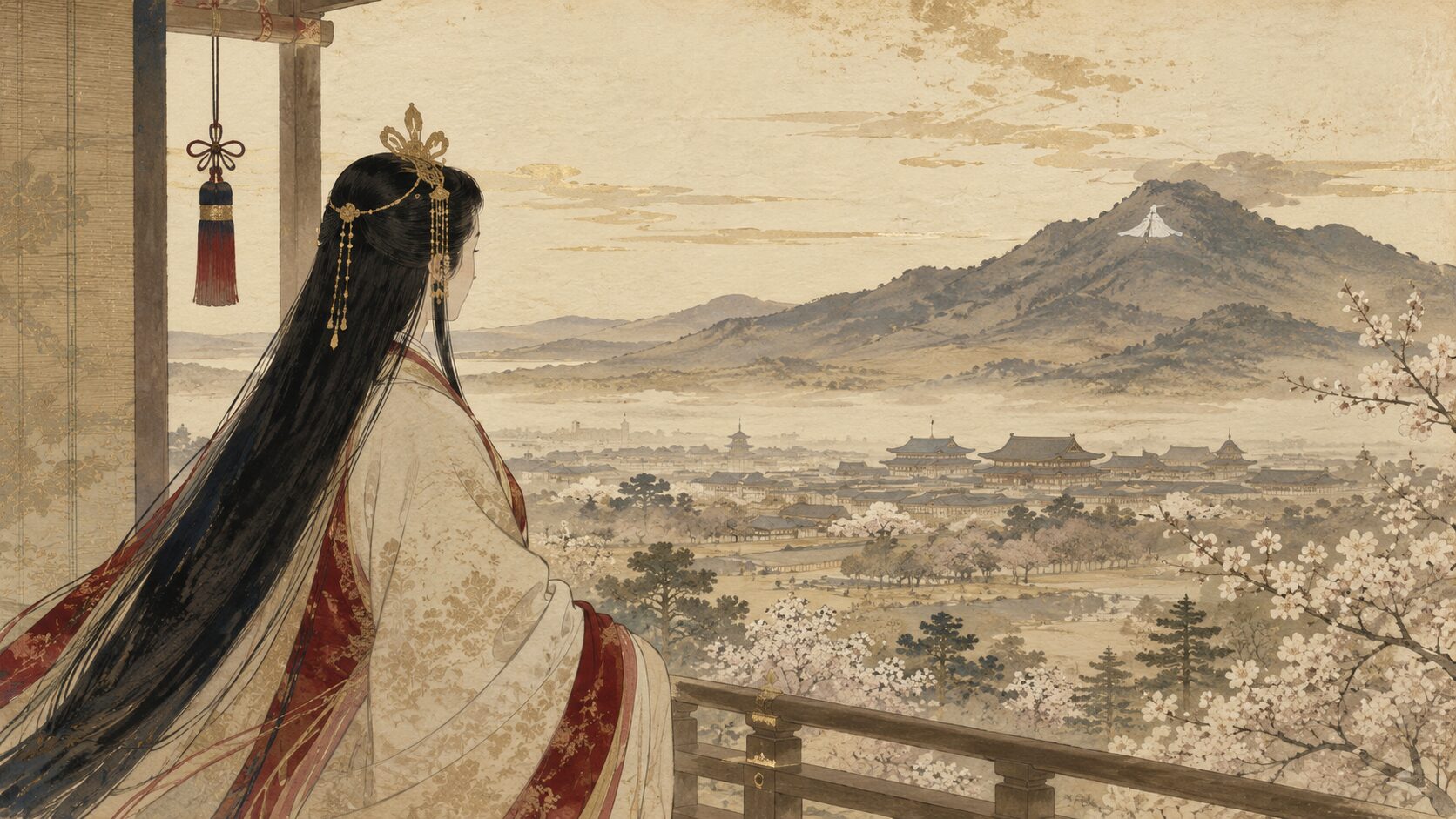 持統天皇が天の香具山を望む百人一首2番の時代背景を描いた和風イラスト