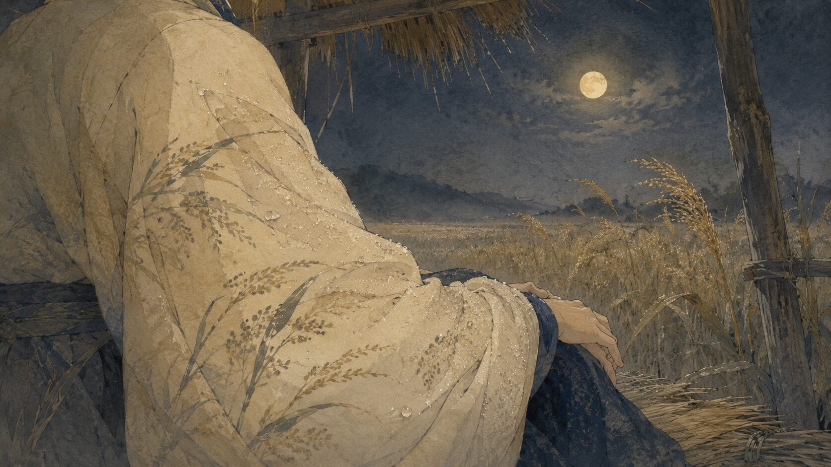粗い苫屋根の仮小屋で袖が夜露に濡れる秋の情景を描いた和風イラスト