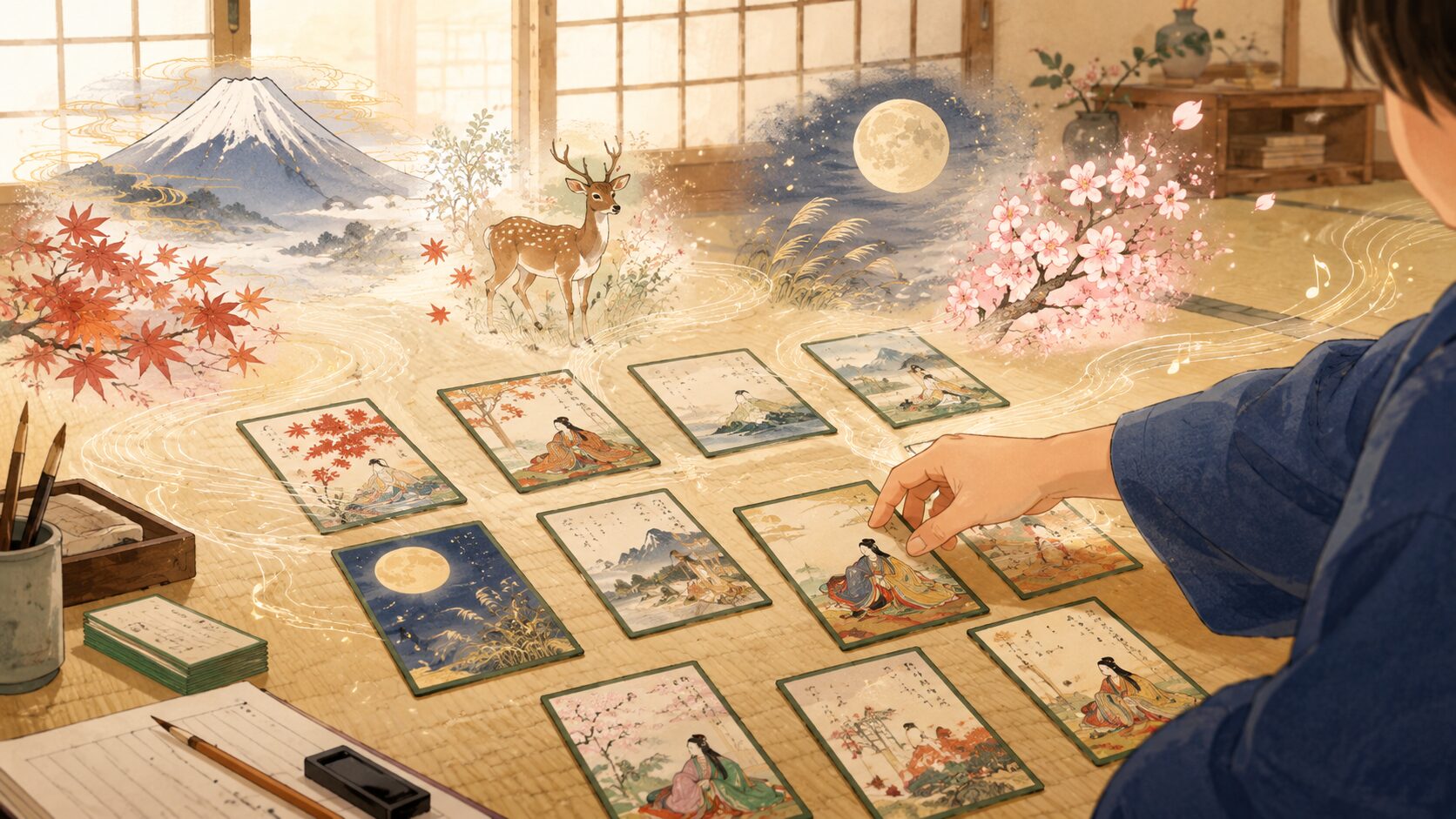 小学生が音や絵のイメージで百人一首を覚える和風イラスト