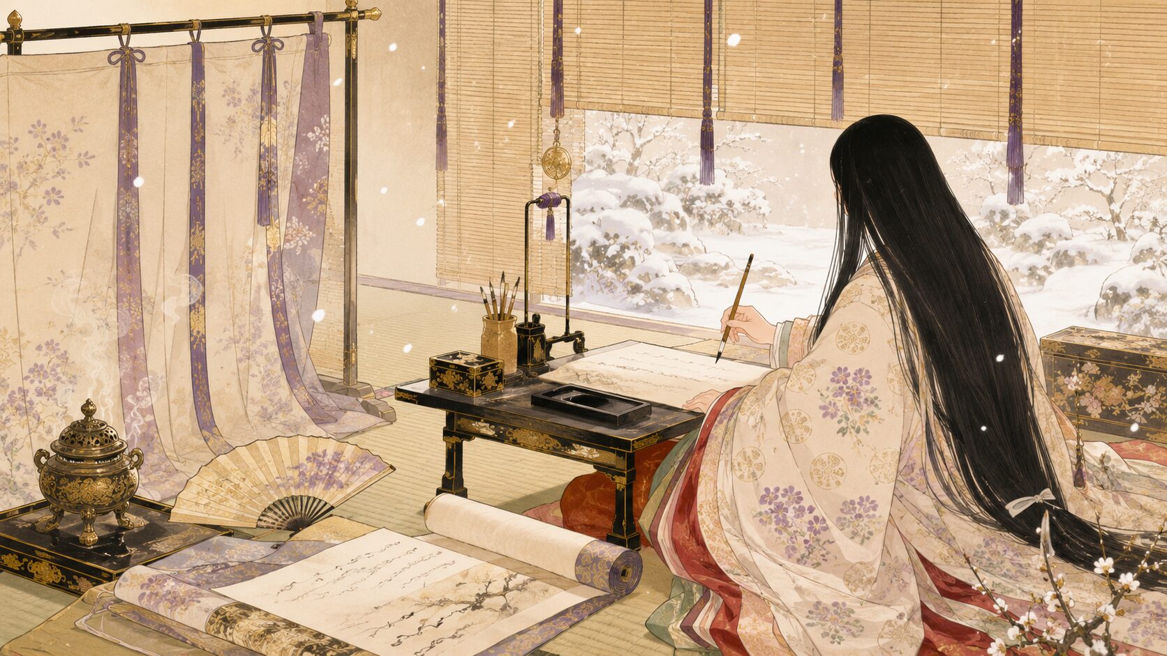 平安時代の宮廷で清少納言の機知と『枕草子』の世界を表した和風イラスト