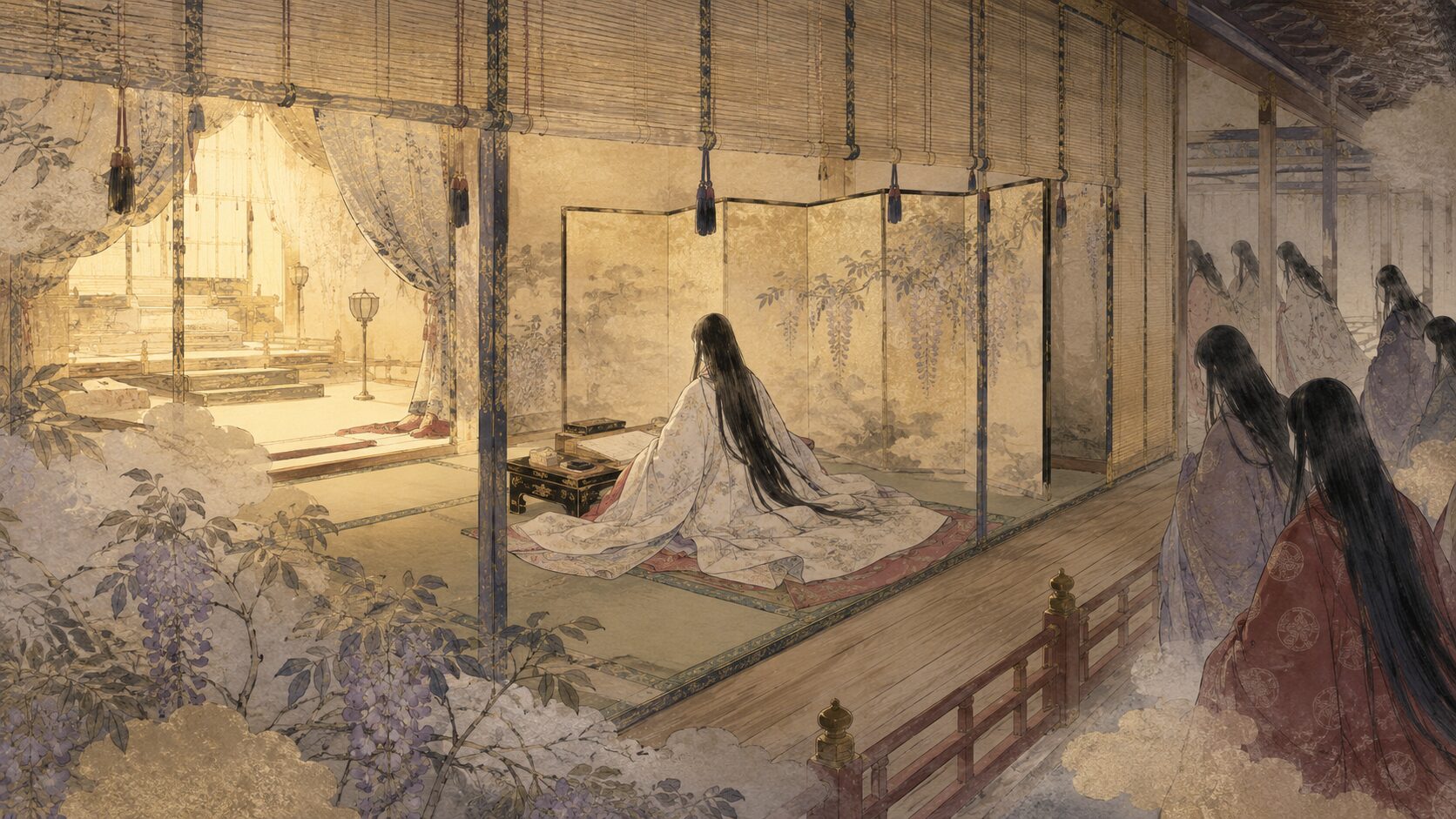 桐壺更衣が帝の寵愛を受け宮廷で嫉妬される様子を表した和風イラスト