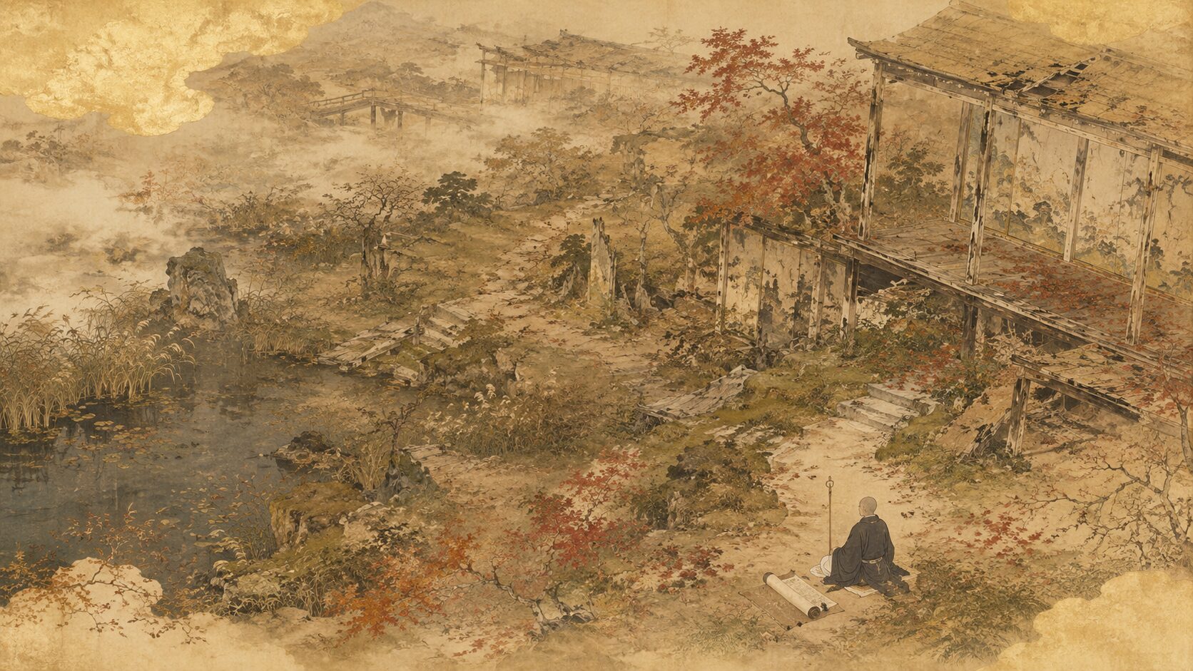 恵慶法師が河原院の荒廃と秋の気配を詠む背景を描いた和風イラスト