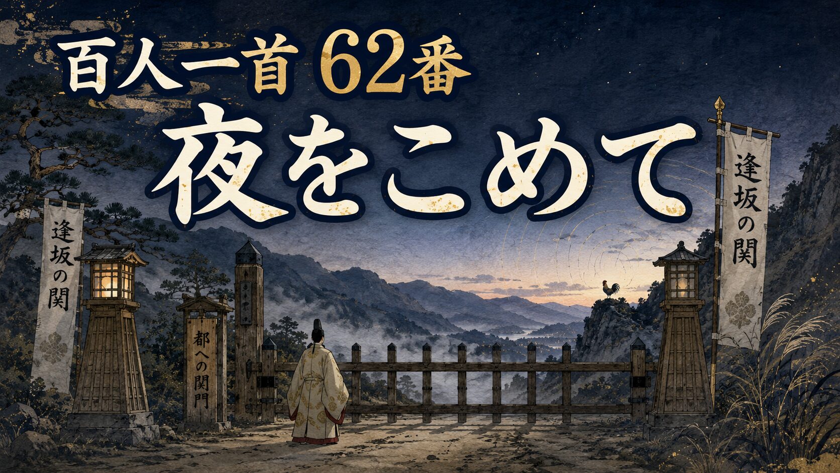 百人一首62番「夜をこめて」を象徴する夜明け前の逢坂の関と鶏のそら音の和風イラスト