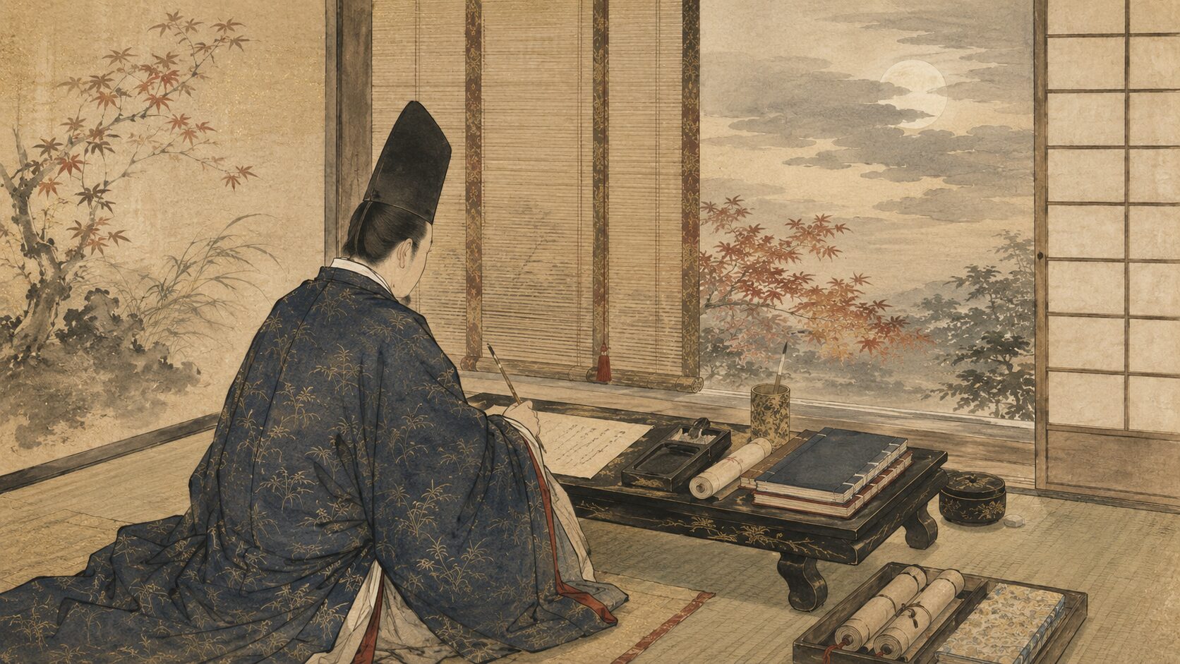 藤原顕輔が秋の月光を思い和歌に向き合う平安歌人のイラスト