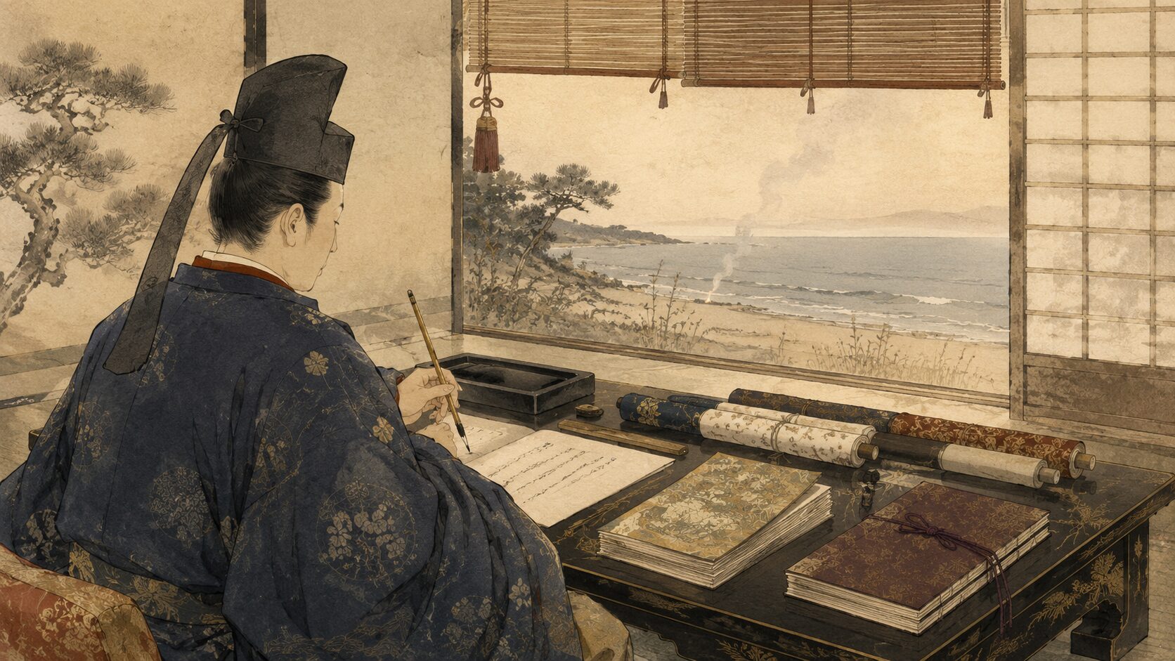 藤原定家が松帆の浦の恋を和歌に託す公卿歌人のイラスト