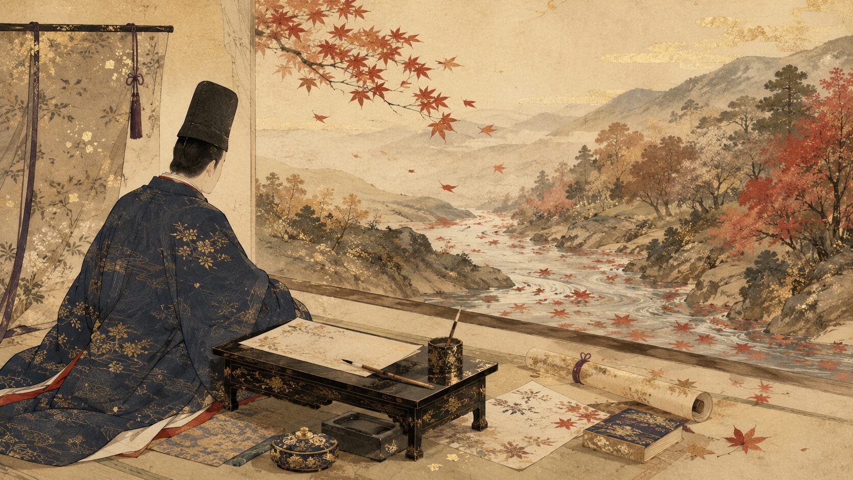 春道列樹が山川の紅葉を和歌に見立てる百人一首32番の背景イラスト